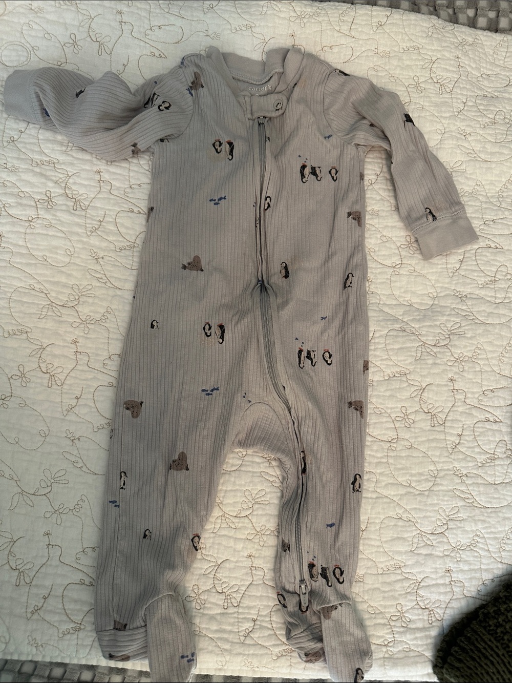 Carter's Light Gray Ribbed Baby Footed One-Piece with Penguin and Bear Prints